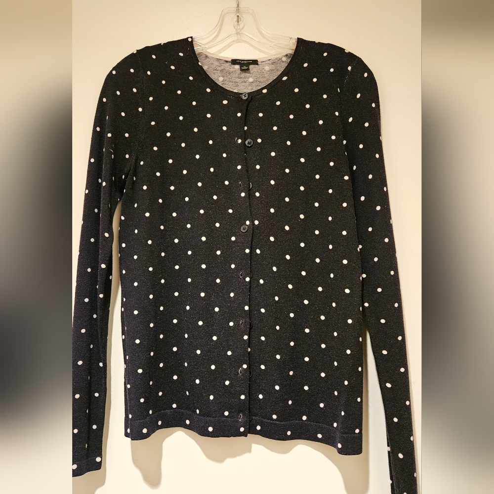 Ann Taylor Cardigan, Navy with cream polkadots, Size Small
